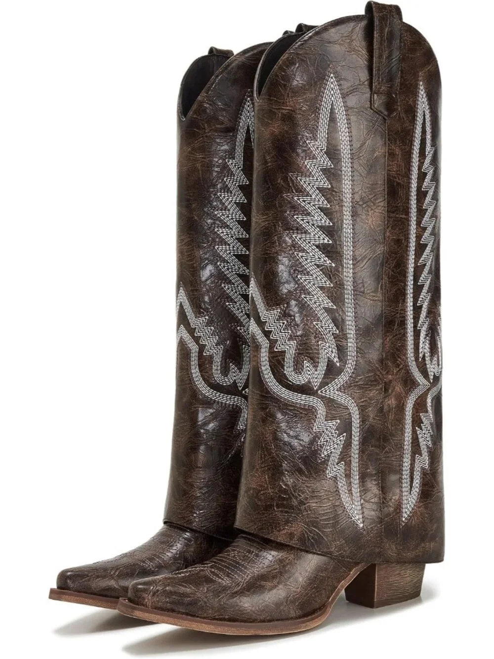 Women's Brown 1 Pointed Toe Wedge Heel Side Zipper Knee High Shark Boots